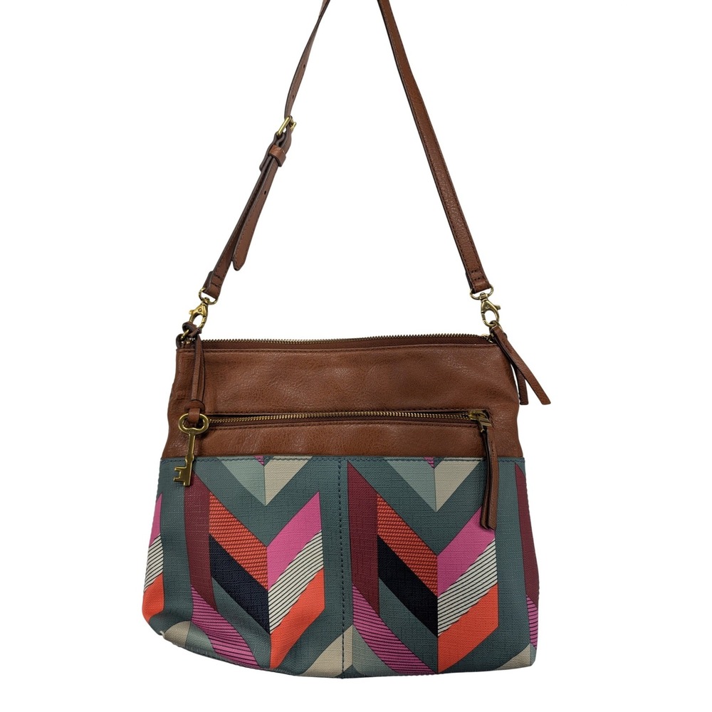 Fossil Crossbody Bag Brown Leather‎ Geometric Print Zip Top Key Charm